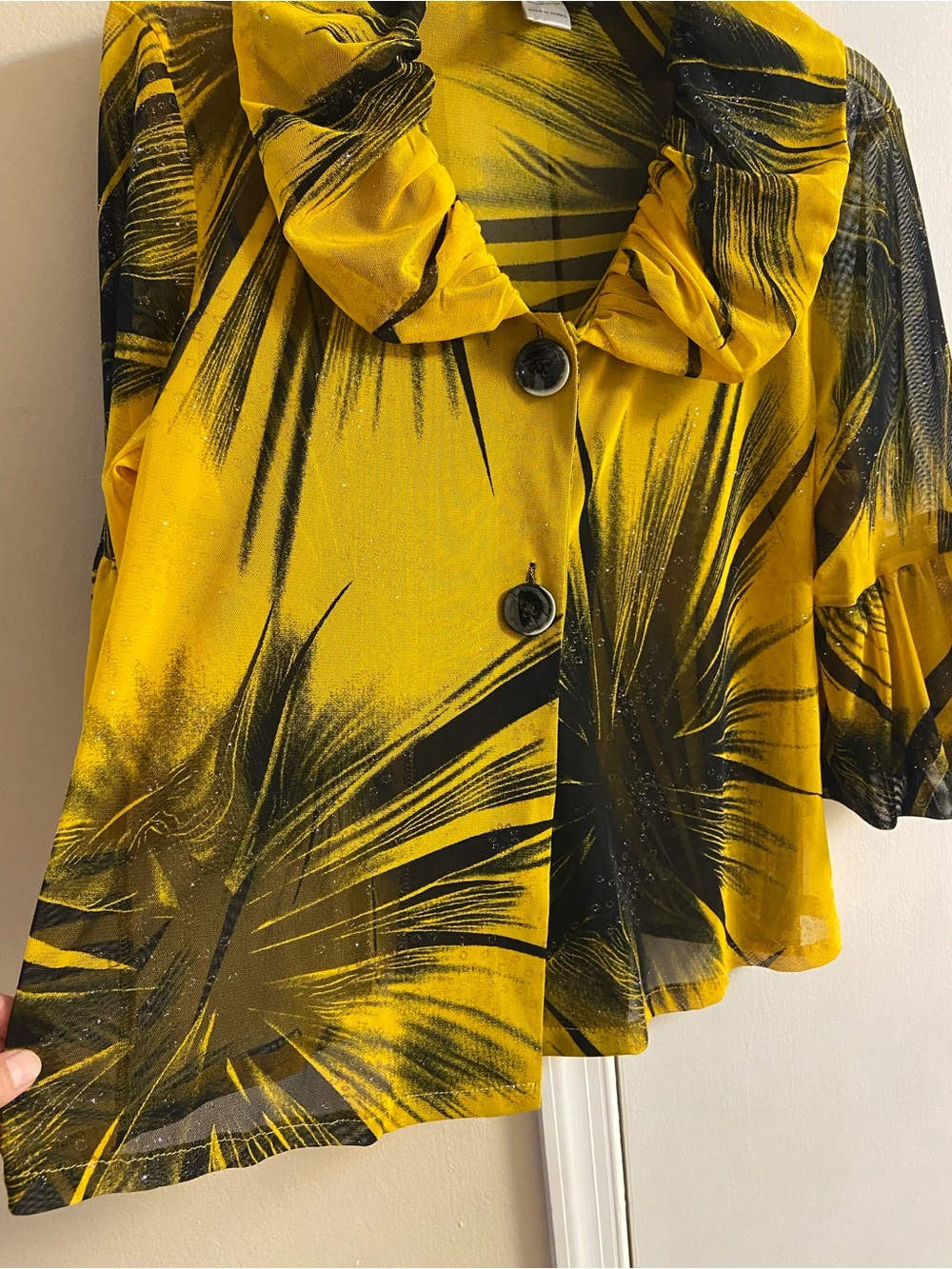 Damee Gold & Black Abstract Burst Button-Front Blouse Ruffle Collar Large - Picture 5 of 6